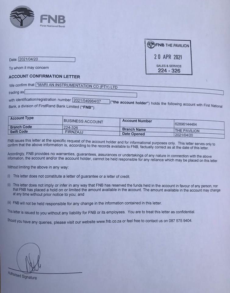 FNB Business Account Confirmation Letter for Mari an Instrumentation Co (Pty) Ltd