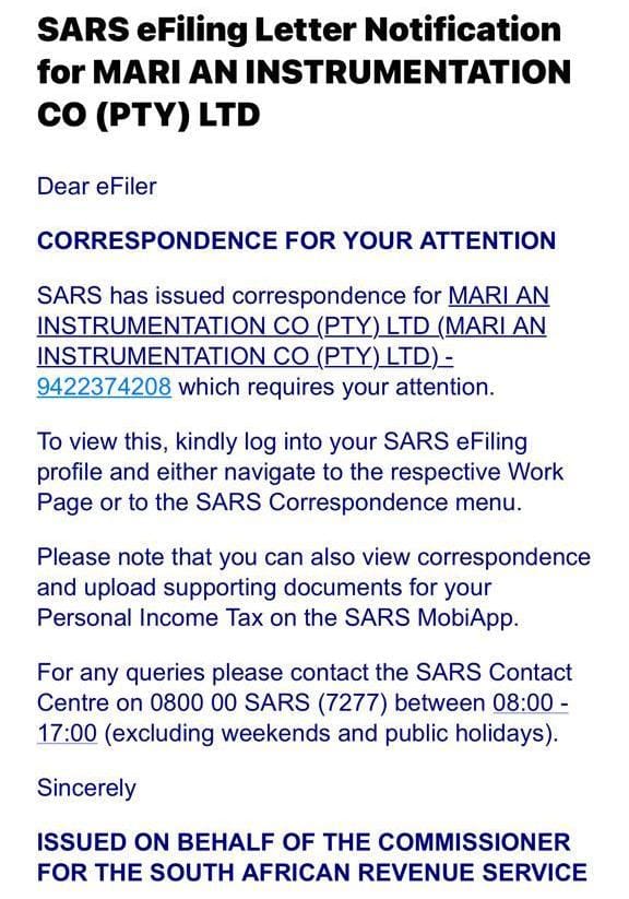 SARS eFiling Notification Letter for Mari an Instrumentation Co (Pty) Ltd
