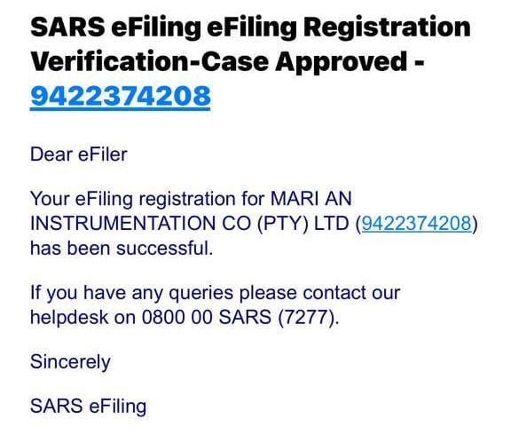 SARS eFiling Registration Approval for Mari an Instrumentation Co (Pty) Ltd