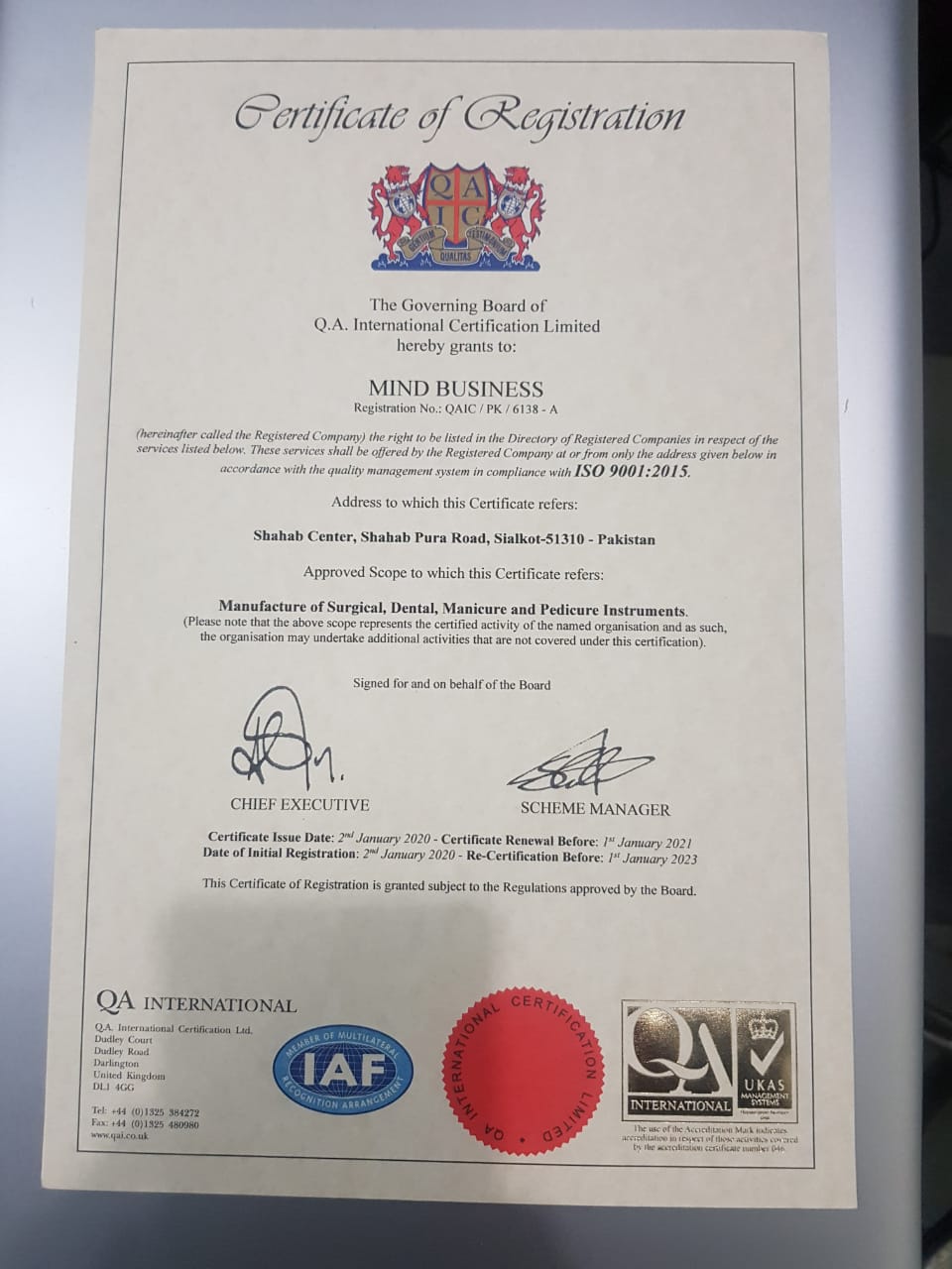 ISO 9001:2015 Certification for Mind Business (Surgical Instruments)