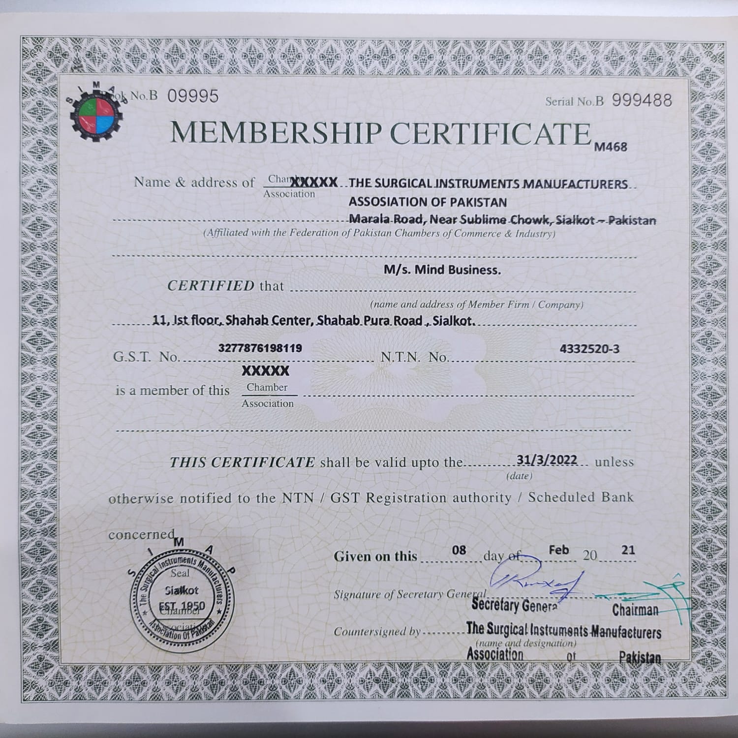 Surgical Instruments Manufacturers Association Membership Certificate for Mind Business